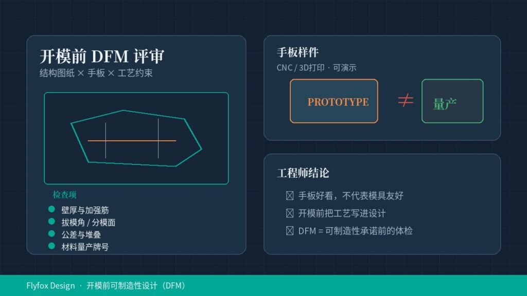 工程师对照注塑件结构图纸与手板进行开模前DFM评审的示意信息图