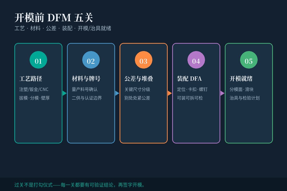 开模前DFM五关示意：工艺路径、材料牌号、公差堆叠、装配DFA、开模与治具就绪