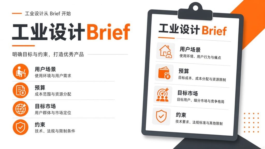 工业设计Brief四要素示意：用户场景、预算、目标市场与约束写在剪贴板清单上