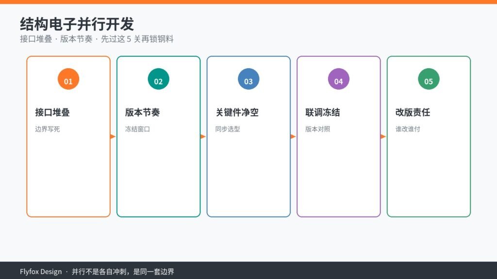 结构电子并行开发封面：接口堆叠、版本节奏、关键件净空、联调冻结、改版责任五关