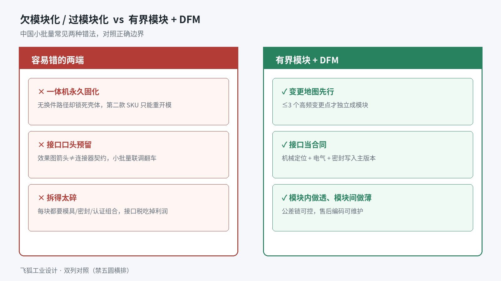 模块化产品设计误区对照：左侧一体机永久固化与接口过度拆散，右侧有界模块加DFM接口