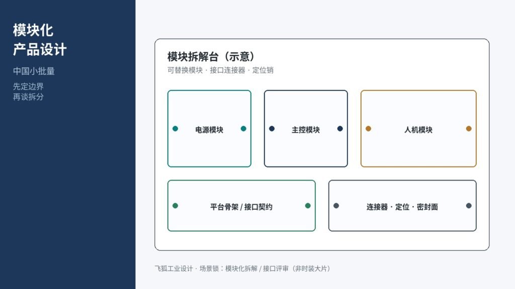 模块化产品设计封面：模块拆解台示意，可替换电源主控人机模块与接口契约