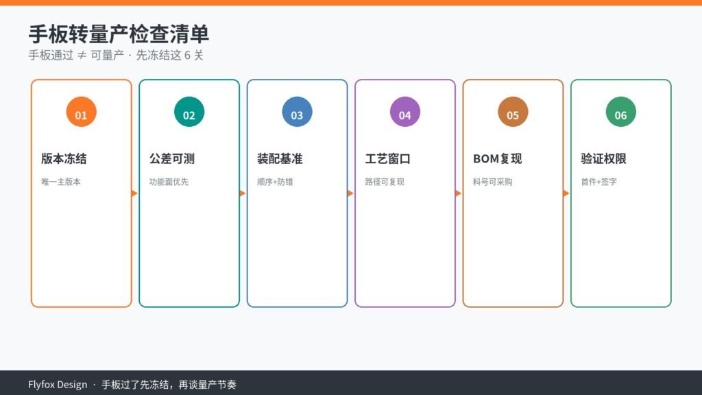 手板转量产检查清单封面：版本冻结、公差可测、装配基准、工艺窗口、BOM复现、验证权限六关