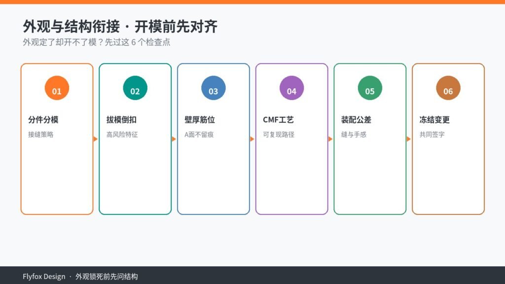 外观与结构衔接六检查点封面：分件分模、拔模倒扣、壁厚筋位、CMF工艺、装配公差、冻结变更
