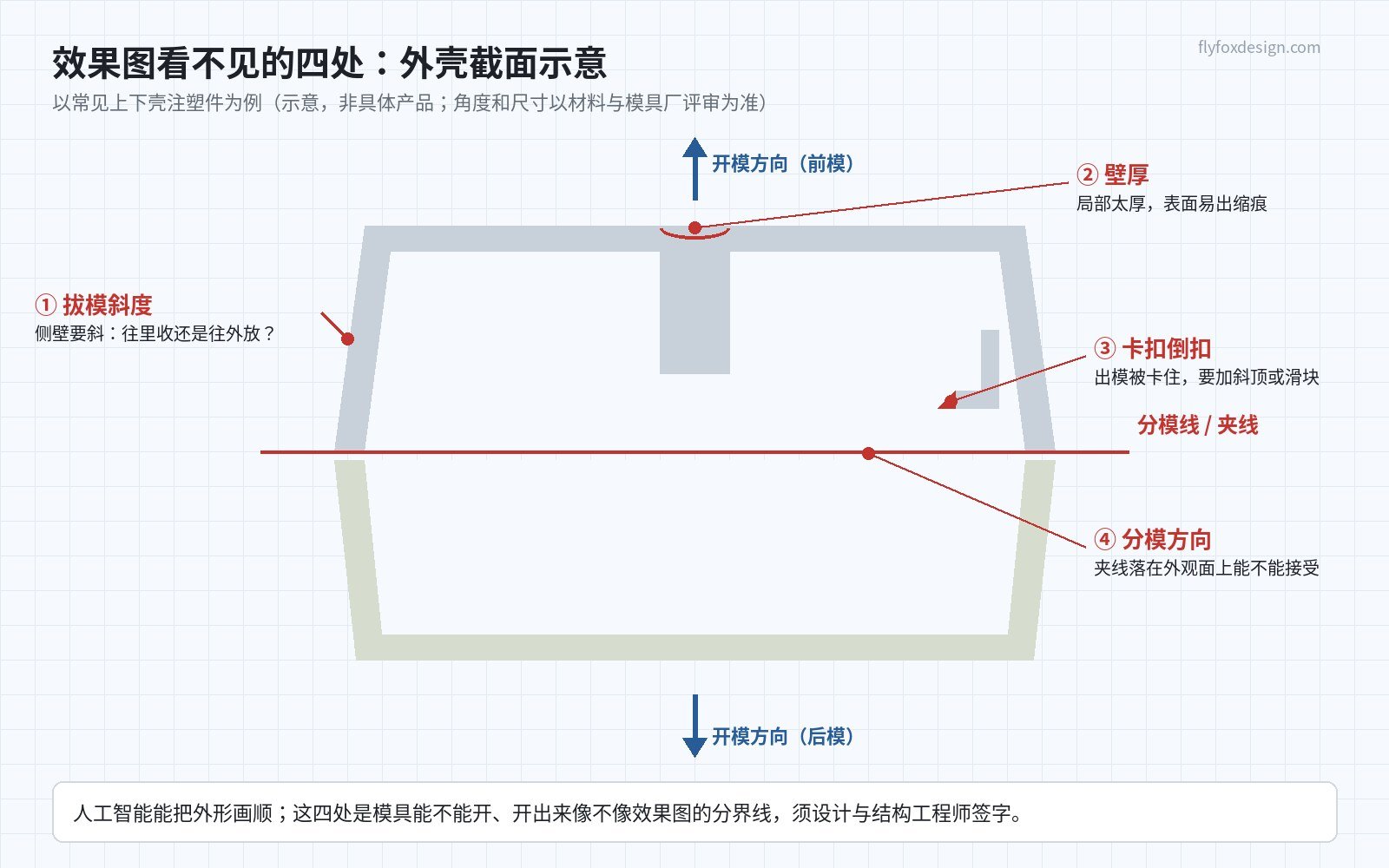 外壳截面示意图：标注拔模斜度、壁厚缩痕、卡扣倒扣与分模线，说明AI外观效果图看不见的开模关键处