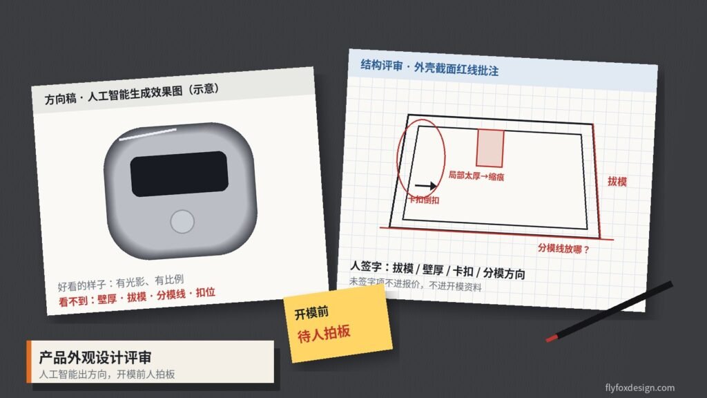 产品外观设计评审桌面：左侧人工智能生成的外观方向稿，右侧外壳截面红线批注拔模、壁厚、卡扣与分模线