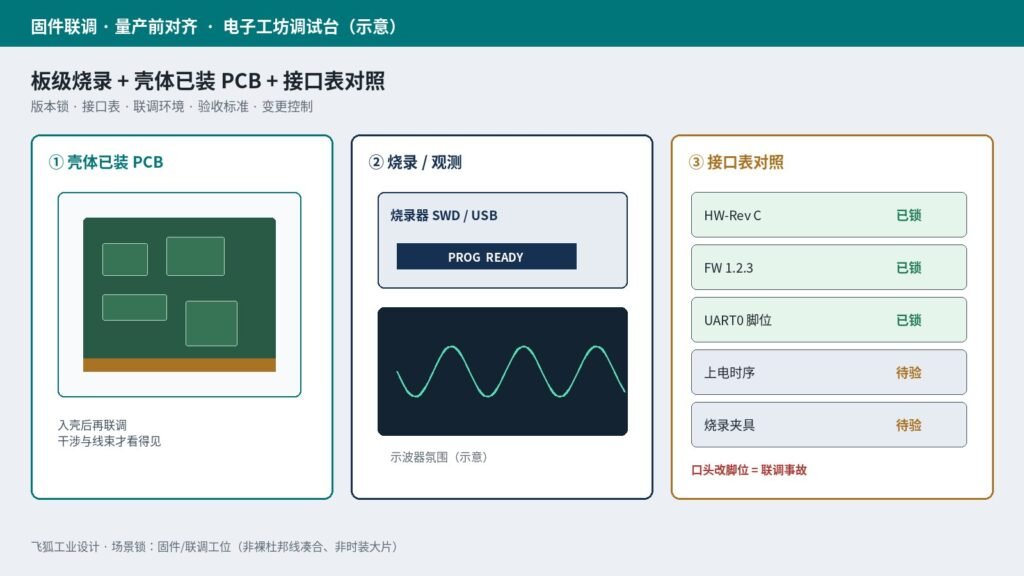固件联调封面：电子工坊调试台示意，壳体已装PCB、烧录器与接口表对照