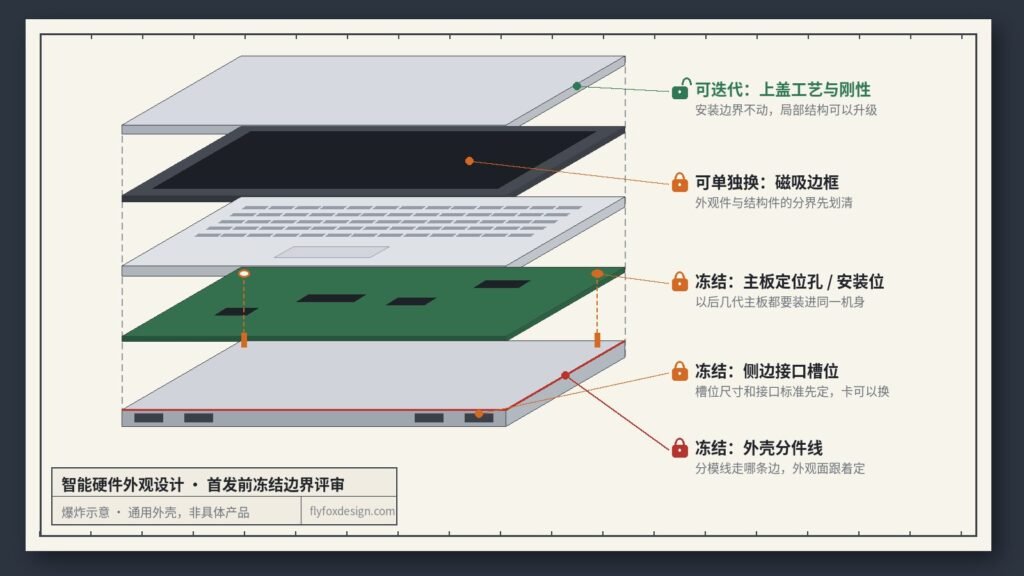 智能硬件外观设计评审用的爆炸示意图：通用笔记本类外壳分层，标注主板定位孔、侧边接口槽位和外壳分件线需在首发前冻结，上盖工艺可迭代