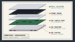 智能硬件外观设计评审用的爆炸示意图：通用笔记本类外壳分层，标注主板定位孔、侧边接口槽位和外壳分件线需在首发前冻结，上盖工艺可迭代