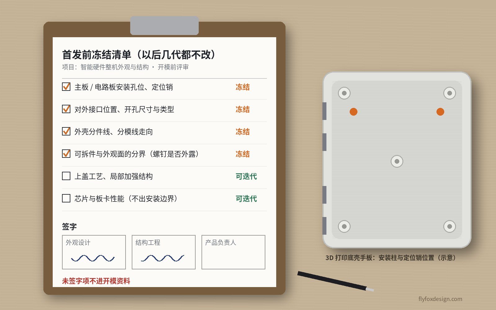 开模前评审桌面：首发前冻结清单夹板列出安装孔位、接口位置、外壳分件线等冻结项和可迭代项，旁边是标出安装柱与定位销的3D打印底壳手板